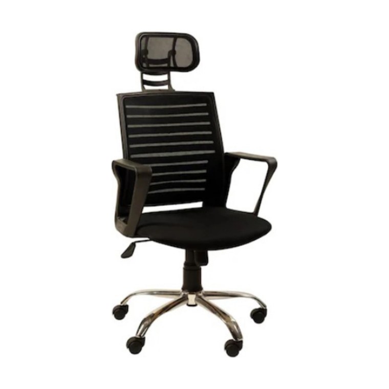 Fileli ofis sandalyesi — başlıklı, krom ayaklı